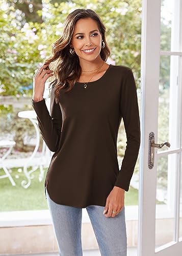 Image of Herou Women's Casual Long /Short Sleeve T Shirt Crewneck with Side Split Fall Pullover Loose Tunic Sweater Tops
