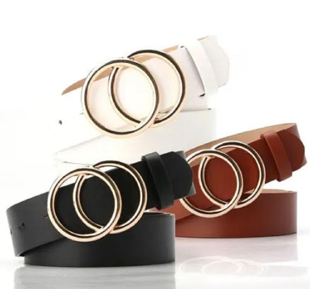 Women Faux Leather Belt Pack of 3 Adjustable Waist Accessories for Dresses Jeans Skirts and Casual Outfits BLACK + BROWN + WHITE-image-19