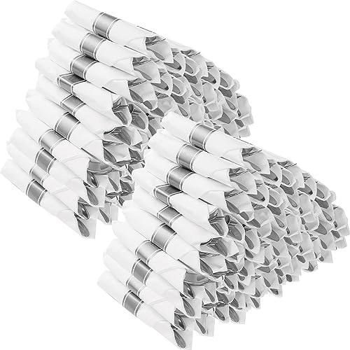 Goodluck 100 Pack Pre Rolled Silver Plastic Silverware Wrapped Plastic Cutlery Set with Napkin Include 100 Forks 100 Knives 100 Spoons and 100 Napkins Disposable Silverware for Party Wedding