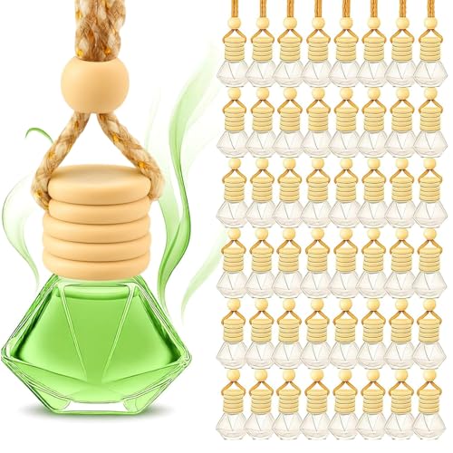 Image of 50 Pcs 8ml Hanging Car Air Freshener Diffuser,Clear Glass Car Diffuser Bottles Empty Bulk for Essential Oil Fragrance Perfume,Refillable Pendant Glass Vial with Wooden Cap Hanging String,Diamond Style