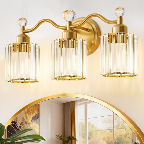 Bathroom Vanity Light Fixtures 3-lights, Gold Crystal Vanity Lights for