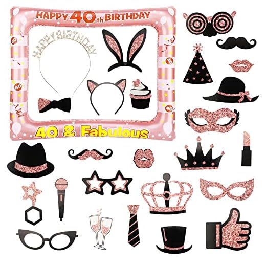 hocadon 25 Piezas Fotomatón 40 Años y Marco Photocall 40th Cumpleaños, Cabina de Foto Accesorios para Decoracion Fiesta 40 Cumpleaños Mujer, Oro Rosa
