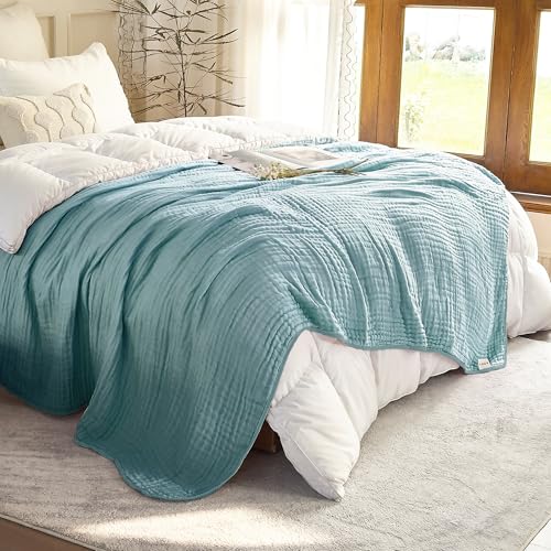 Image of SANACYNA Muslin Blankets 100% Cotton 6-Layer Gauze Queen Size Teal Light Blanket Soft Cozy Breathable Bed Blanket for Sofa Couch Bed Coverlet Both Sides (Teal, Queen 90 inch X 90 inch)