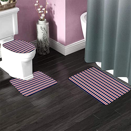 Badezimmerteppich-Set, 3-teilig, gestreift, rot, nautisches Marinemuster, blau, einfach gestreift, weiß, waschbare Badteppiche, rutschfest, mit Rückenpolster, Konturteppich und Toilettendeckelbezug – Bild 4
