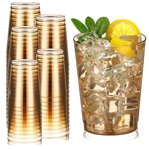 Minatee 100 Count Plastic Cups Disposable Fancy Cups Heavy Duty Wine Cocktail Glasses for Graduation Wedding and Birthday Party Plastic Drinking Tumblers(Brown 10 oz)