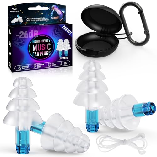 Image of Concert Ear Plugs, 2 Pairs Adults Soft Silicone Reusable High Fidelity Musician Earplugs 26dB, with Silicone Connector Cord, Ear Protection Earplugs for Rave, Festival, Music,Tinnitus Relief