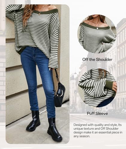 Image of MARZXIN Women's 2026 Fall Long Sleeve Sweaters Casual Loose Striped Off Shoulder Casual Oversized Knitted Sweater Pullovers