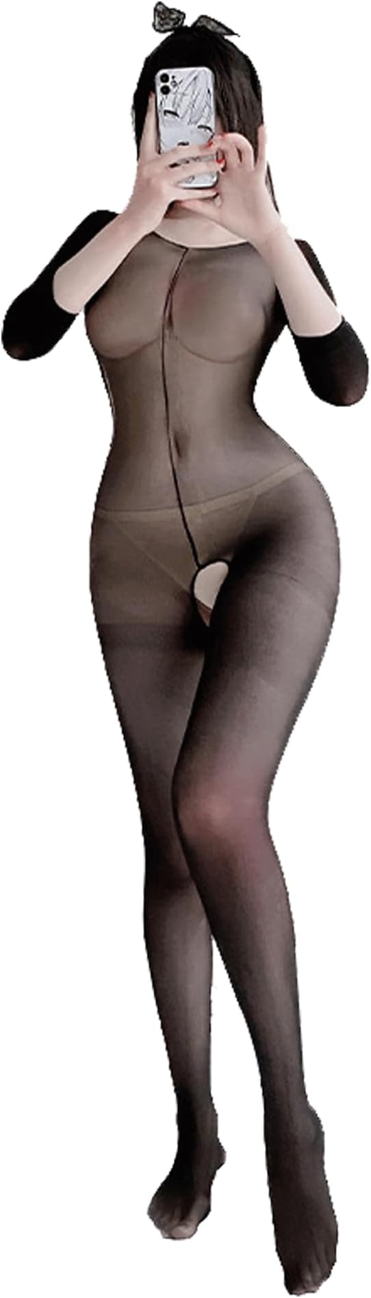 Meigeanfang Ladies Open Low Cut Long Sleeve Crotch See-Through Body Stocking Temptation Shapewear (Black,One Size)