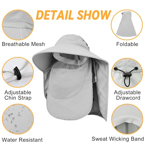 Image of Sun Hats for Men Women Detachable Face Cover Wide Brim Fishing Hats with Neck Flap UPF 50+ Outdoor Safari Hats