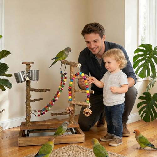 Image of Wooden Bird Play Stand Parrots Playground Perch Stand with Bird Ladder Chewing Toys and 2 Stainless Steel Cups (Brown)