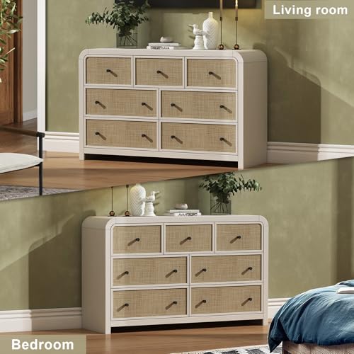 Image of Oak&Sparrow 7 Drawer Dresser for Bedroom, 49'' Rattan Dresser with Ample Storage, Boho Chest of Drawers, Thickened Curved Profile Design, Oak Dressers for Bedroom, Living Room
