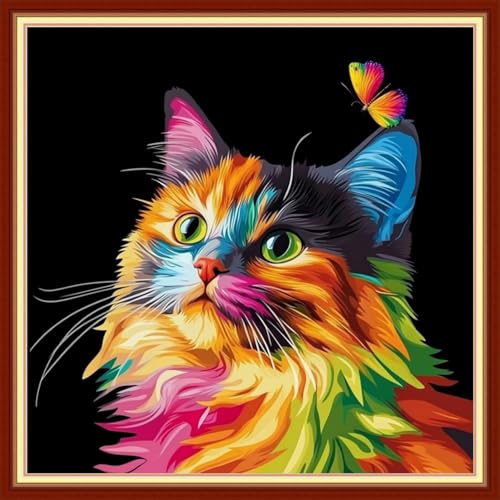 Image of Funxvoot Stamped Cross Stitch Kits for Beginners or Adults Embroidery Starter Patterns | DIY Printed Cross Stitch Kits Needlepoint for Adults 11CT-Colorful Cat Butterfly 18x18 inch