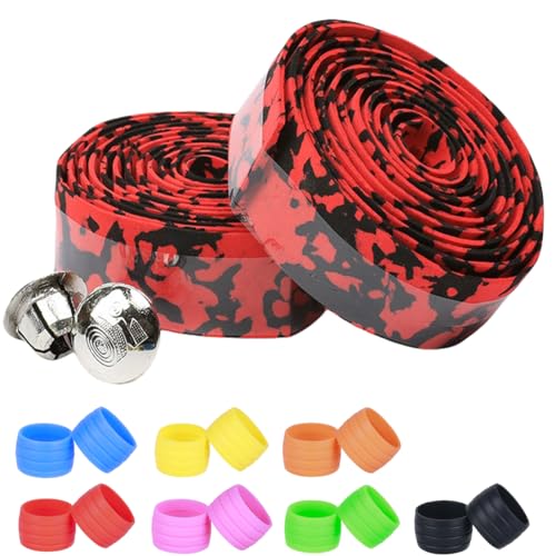 SFFERPPB 自転車 グリップ ハンドル バーテープ ロードバイク EVA製 バーテープ ロード ドロップハンドルバーテープ 滑り止め カラフル エンドプラグ付き 左右セット＋ハンドルバーテープ固定ループ付き (Red/Black)のサムネイル