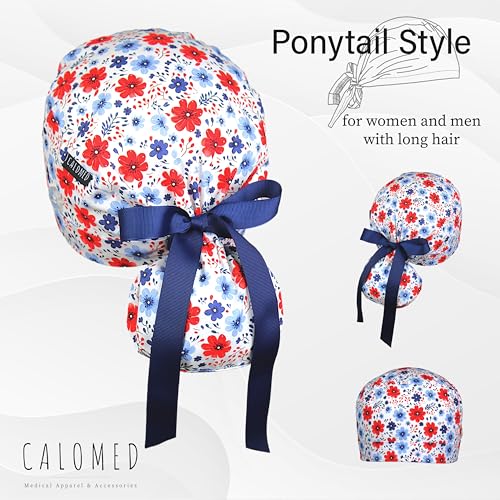 Image of Scrub Cap for Women and Men, Ponytail Scrub Caps, Working Hat, Head Cover with Ribbon Ties and Buttons, Long Hair