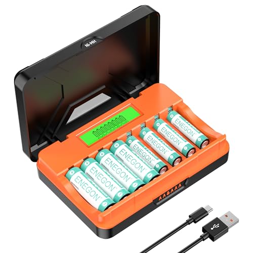 ENEGON 8-Bay AA AAA Battery Charger with AA 4 pack2400mAh) and AAA 4 pack1100mAhNi-MH Rechargeable Batteries 2-in-1 Charge & Storage Smart Fast Charger LCD Display