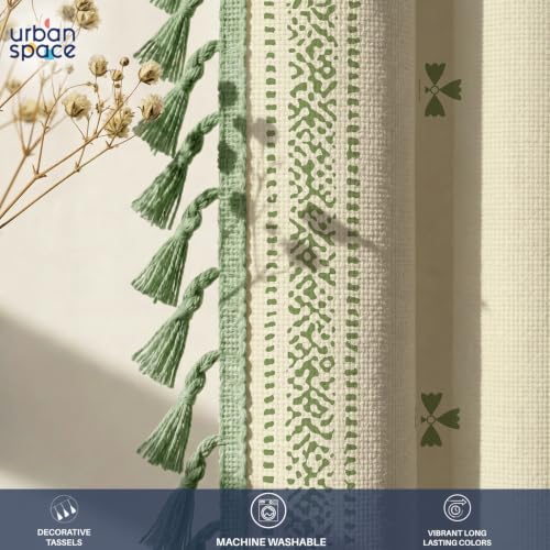 Image of Urban Space Boho Decorative Curtain for Window, 100% Cotton Curtain 5 Feet Long, 1 piece Curtain with Tassels, 60-65% Room Darkening with Tieback and Eyelets (Aaqar Sage Green, 5 Feet)