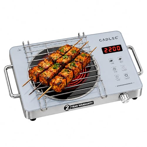 Image of Cadlec HeatBlaze 2200W Infrared Cooktop Stove with Grill Rack for Barbecue, Crystal Glass Plate, Digital Display, Touch Control, Infrared Hot Plate (Silver)