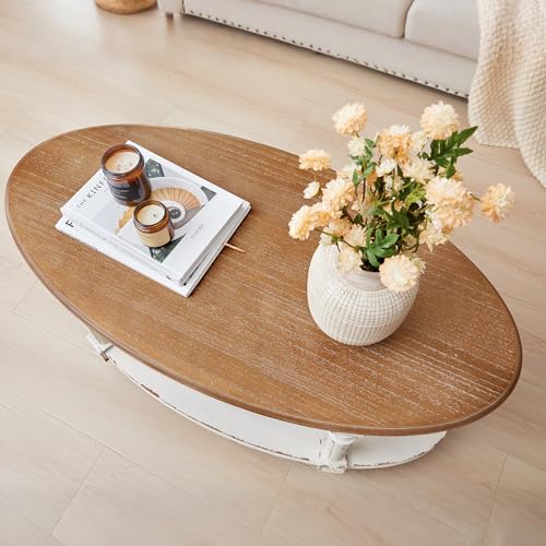 Farmhouse Oval Coffee Table 39 Inch, 2‑Tier Distressed Wood Center Table - Image 2