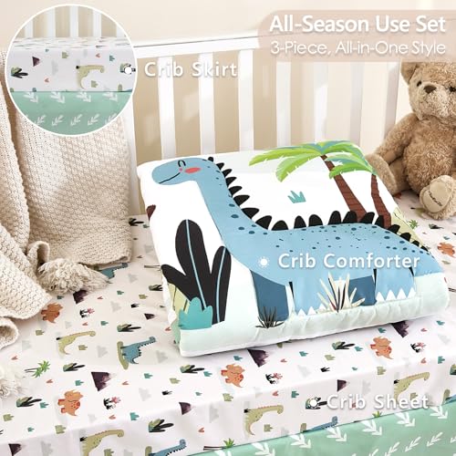 Image of 3-Piece Crib Bedding Set for Boys Girls - Ultra Soft & Skin Friendly Baby Bedding Set Includes Crib Comforter, Sheet & Crib Skirt (Dinosaur)