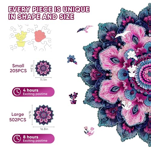 Pikoqunc Wooden Puzzles Mandala Purple Flower Rompecabezas de Madera con 205 Piezas | Piezas Únicas, Juego de Desafío para la Familia 11.2"x11.2" miniatura 2