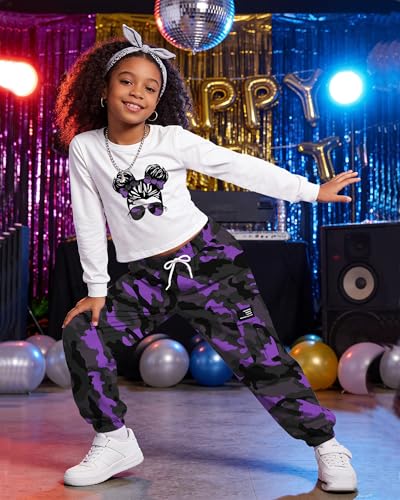 Image of Betusline Girls Fall Winter Clothing Sets, Long Sleeve Crop Top & Cargo Jogger Pants 2 Piece Outfit Sets,4T-14Y