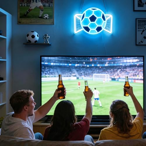 Image of Soccer Neon Sign, Dimmable Football LED Lamp for Wall Decor, Light up Sports Sign for Bedroom Playroom Man Cave Club Party College Dorm Decor, Cool Teenager Boy Kid Birthday Holiday Xmas Gifts