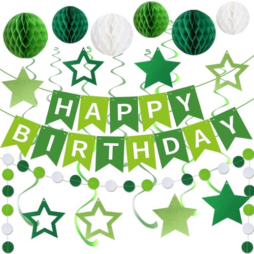 Birthday Banner Decorations with Honeycomb Balls Stars Circle Dots Garland Swirl Streamer Happy Birthday Party Decorations Supplies for Party(Green)