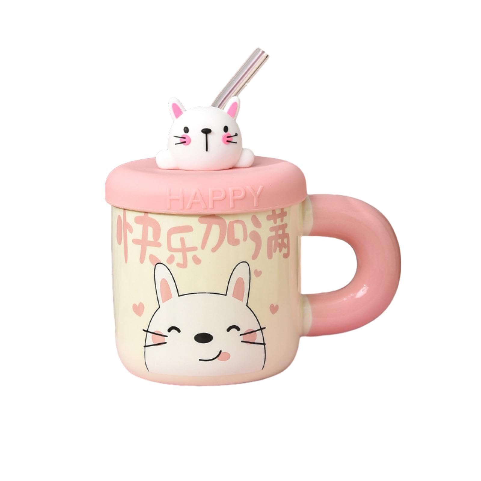 Taza de cerámica de 400 ml con tapa, para oficina, hogar, desayuno, conejito, 400 ml