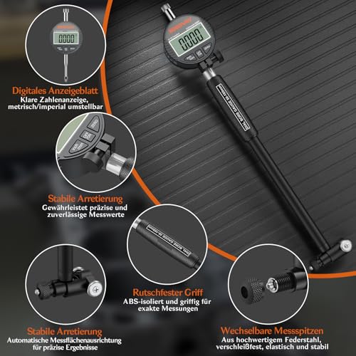 BOBOVAV Digital Bohrungslehre Messuhr Set 50-160 mm, Innendurchmesser Messuhr Präzision 0,01 mm Zylinder Messuhr Metrisch/Zoll Anzeige mit 12 Messspitzen für Formabweichungen