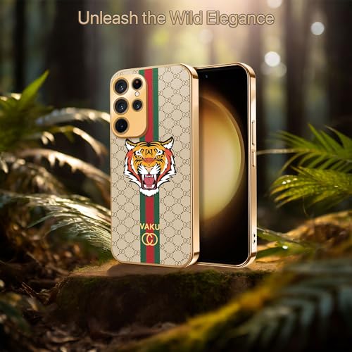 Image of Vaku Luxos Lynx Design Back Cover for Samsung Galaxy S23 Ultra with Leather Pattern Gold Electroplated Soft TPU Cover Shockproof Protective Case - Gold