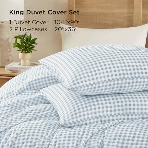 Image of Andency Gingham Duvet Cover King Size, Blue Checkered Plaid Bedding Set, 3 Pieces Soft Prewashed Polyester Comforter Cover with Zipper Closure & Corner Ties