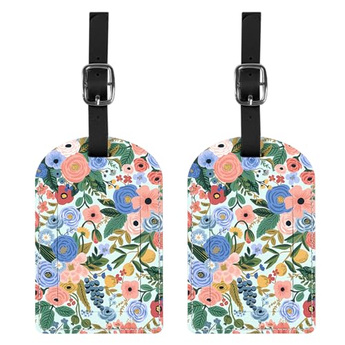 2 Pack Luggage Tag Luggage Tags PU Leather Suitcase Tags Aesthetic Cute Funny Travel Bag Labels for Women Girls-Flower Floral Pink Blue