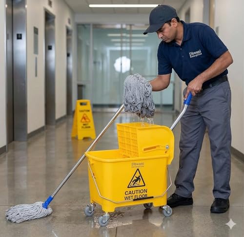 Image of Single Bucket Wringer Trolley Mini Mop Bucket | 20 Litre, Yellow | Multipurpose Cleaning Bucket with Wringer