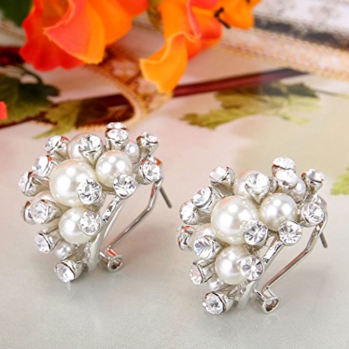 EVER FAITH Austrian Crystal White Simulated Pearl Bridal Cluster Pierced Stud Earrings3
