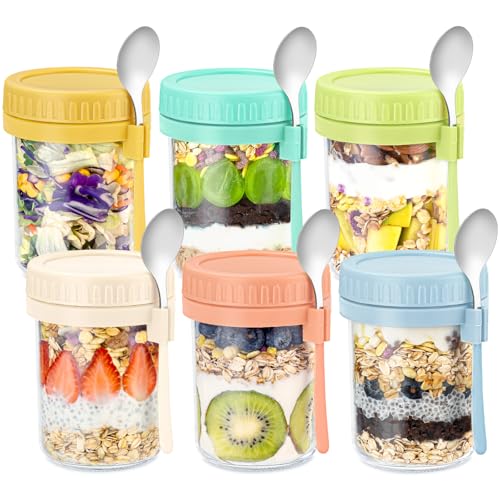 Image of 16 Oz Glass Overnight Oats Containers with Lids and Spoon Chia Pudding Jars