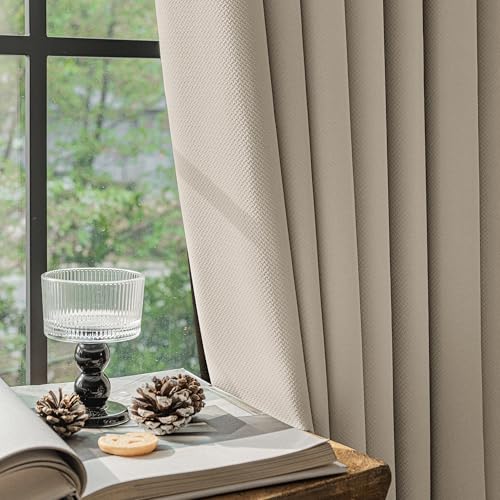 Image of FMFUNCTEX 100% Blackout Curtains for Bedroom, Khaki Curtains 84 Inches Long Textured Thermal Insulated Curtains for Living Room Drapes, Black Out Drapery Grommet Room Darkening 2 Panels