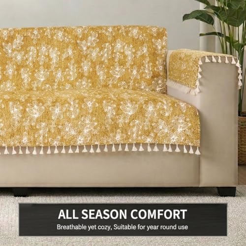 Image of STITCHNEST Woven Fabric Sofa Cover 3 Seater with 2 Hand Rest Covers - Washable Green Sofa Cover with Tassels - Durable Premium Fabric - Stylish Sofa Protector for Living Room & Furniture Decor