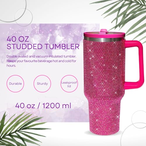 Image of 40 Oz Rhinestone Tumbler with Handle and Flip Straw | Insulated Stainless Steel Double Layer Bling Tumbler | Leak Proof Glitter Tumbler for Women | Reusable 1200ml Travel Bling Cups Fuschia