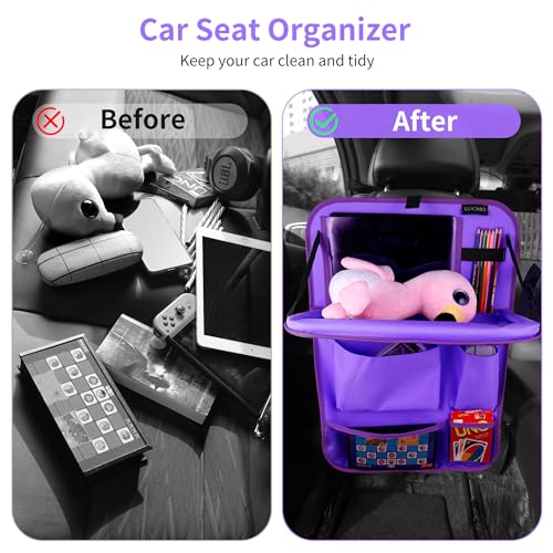 Image of LUCMO Car Backseat Organizer with Foldable Tablet Holder, Dark Purple | 6 Storage Pockets,Foldable Food Tray,Protectors Kick Mats,Travel Accessories,Seat Cover,Road Trip Essentials