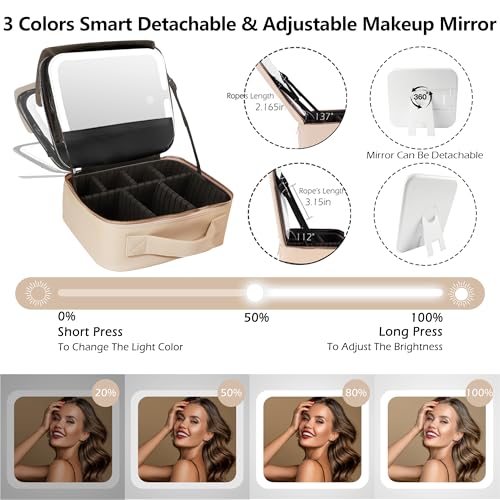 Image of MOMIRA Travel Makeup Bag Cosmetic Bag Makeup Organizer Bag with Lighted Mirror, Adjustable Brightness in 3 Color Scenarios, Waterproof Makeup Train Case, Gift for Women - Fleshcolor(Woven)