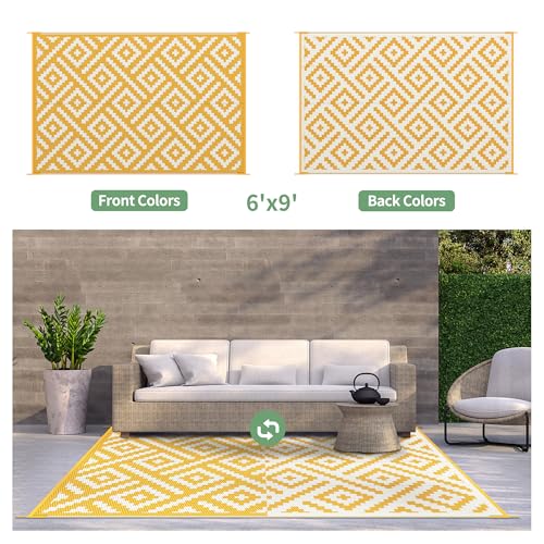 Image of GENIMO Outdoor Rug, Waterproof Plastic Rugs for Patio, 6'x9' Yellow White