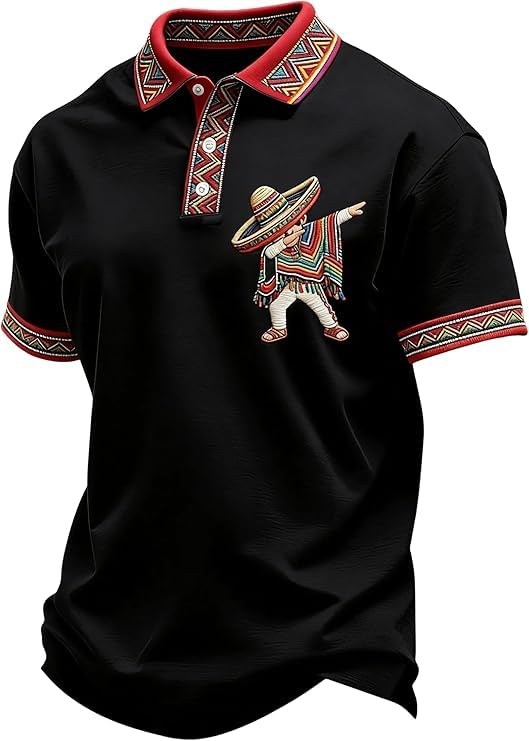 Mens Cinco De Mayo Shirt Dabbing Mexican Poncho Shirt Cinco De Mayo Fiesta Casual Polo T-Shirt Black