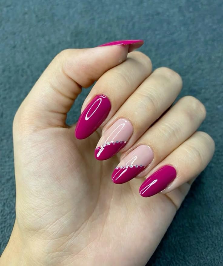 FWS Artificial fake Press On Nails Art Set (Set Of 20) Reusable Nails Extension,BridalNails,Stick-On Nails,Manicure Art Set, AcrylicNails,False Nails,DesignerNails | Nail Glue, Nail file, cuticle pusher, cleaning wipe | Glossy Dark Pink Side French Shape Long Oval-image-33