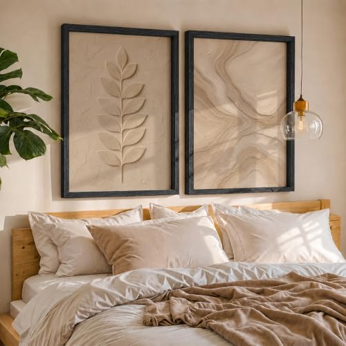 Image of NoWorries Minimal Leaf Wall Painting Set of 2 with Frame | Neutral Beige Botanical Leaf & Abstract Marble Texture Artwork, Modern Nature Wall Decor for Living Room, Bedroom, Office and Home Decoration (Art-14, 17x25inch)