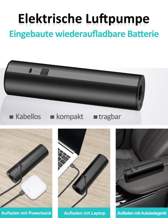 Kabellose Elektrische Luftpumpe mit 2×2000mAh Wiederaufladbarem Akku - Schnellfüll Inflator für Pool, Schlauchboot & Luf