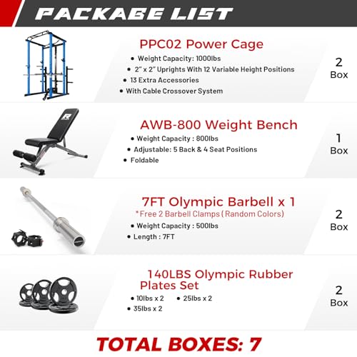 Image of RitFit Squat Rack Power Cage Home Gym Package, Includes 1000LBS Power Rack with LAT Pull Down, Weight Bench, Rubber /Bumper Plates Set with Olympic Barbell (Package 1.2K (Rubber Plate 140LBS))-Blue