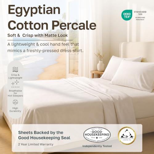 Image of California Design Den 100% Egyptian Cotton Cal King Sheets, 4 Pcs, Sky Blue | Certified & Backed by GH Seal, Light, Airy & Crisp Percale for Hot Sleepers, 16 inch Deep Pocket, All-Around Elastic, 4pc Set