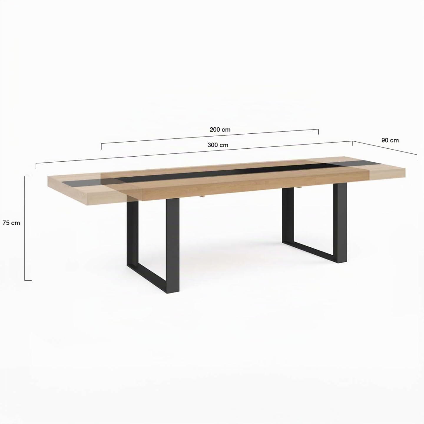 IDMarket Phoenix - Mesa de comedor extensible rectangular (6-12 personas, madera y negro, banda central, 200-300 cm), color negro
