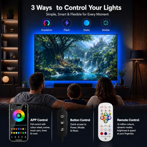Image of MORIACC 19.68ft LED Lights for TV, RGB TV LED Backlight for 55-85 Inch TVs, Music Sync Strip Lights Behind TV, APP & Remote Control, USB Powered for Bedroom Gaming Home Theater