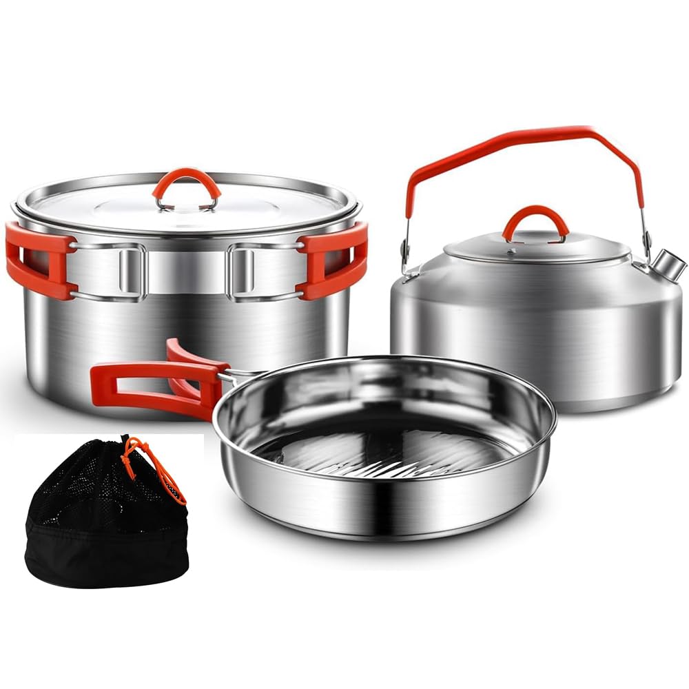 Camping Kochset, Camping Kochgeschirr Set, 304 Edelstahl Camping Töpfe und Pfannen Set, beinhaltet Topf Nonstick Bratpfanne Wasserkocher in Mesh Tasche für Wandern Outdoor Kochen Rucksack für 1-2 Mens